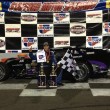 Tony Membrino Jr. celebrates an SK Light Modified victory Friday at Stafford Speedway (Photo: Stephanie Kimball/Stafford Speedway)
