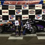 Tony Membrino Win 5-17-13 Tony Membrino Jr. celebrates an SK Light Modified victory Friday at Stafford Speedway (Photo: Stephanie Kimball/Stafford Speedway)