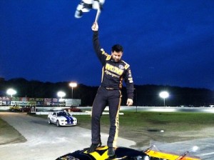 Jeff Rocco celebrates his first SK Modified victory in 2012 at the Waterford Speedbowl 