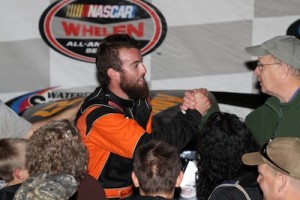 Tyler Chadwick celebrates his SK Modified hampionship last year at the Waterford Speedbowl (Photo: Race Dog Photography)