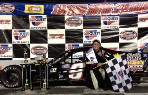 Tommy Barrett Jr. celebrates his Valenti Modified Racing Series victory at Stafford Motor Speedway earlier this season (Photo: Stephanie Kimball/Stafford Speedway)