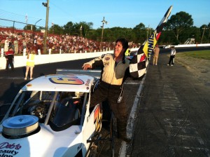 Glenn Griswold celebrates a victory earlier this season at the Waterford Speedbowl 