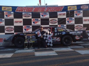 Adam Gray celebrates his fourth Late Model victory of 2013 at Stafford Motor Speedway Friday (Photo: Stephanie Kimball/Stafford Speedway)