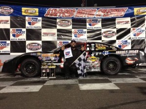 Adam Gray celebrates his sixth Late Model victory of the season Friday at Stafford Speedway (Photo: Stephanie Kimball/Stafford Speedway)