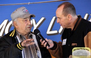 Billy Greco (left) interviewed by radio host Gary Danko at the 2012 Plainville Stadium reunion (Photo: New England Antique Racers)