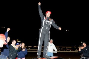 Bobby Santos III celebrates his Whelen Modified Tour Bud 150 victory Thursday at Thompson Speedway (Photo: Darren McCollester/Getty Images for NASCAR)