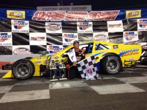 Eric Berndt celebrates his first SK Modified victory of the season Friday at Stafford Motor Speedway (Photo: Stephanie Kimball/Stafford Speedway)