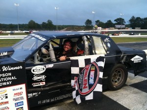 Jesse Gleason celebrates his second Limited Sportsman feature win of the season Thursday at Thompson Speedway 