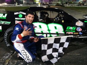 Keith Rocco celebrates his seventh SK Modified victory of the season at the Waterford Speedbowl Saturday 