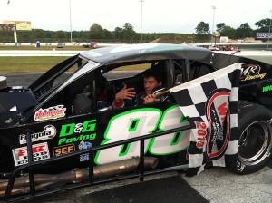 Keith Rocco celebrates his SK Modified victory Thursday at Thompson Speedway 