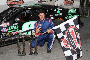 Keith Rocco celebrates his SK Modified victory Saturday at the Waterford Speedbowl (Photo: Race Dog Photography)
