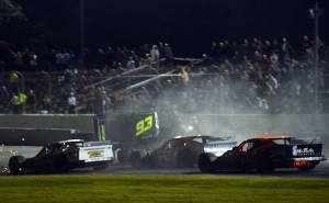 Rowan Pennink's car flips late in the Whelen Modified Tour Bud 150 Thursday at Thompson Speedway (Photo: Darren McCollester/Getty Images for NASCAR)
