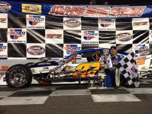 Woody Pitkat celebrates an SK Modified victory Friday at Stafford Speedway (Photo: Stephanie Kimball/Stafford Speedway)