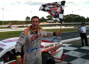 Woody Pitkat celebrates an SK Modified victory Thursday at Thompson Speedway 