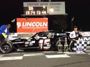 Chase Dowling celebrates his SK Light Modified victory Friday at Stafford Speedway (Photo: Stephanie Kimball/Stafford Speedway)