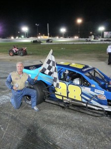 Frank Mucciacciaro celebrates his SK Modified victory Saturday at the Waterford Speedbowl (Photo: Mark Caise/Waterford Speedbowl)