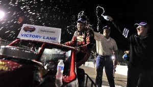 Kyle Ebersole celebrates his first career Whelen Southern Modified Tour victory Saturday (Photo: Jason Smith/pixelcrisp for NASCAR)