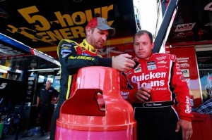 Ryan Newman (right) chats with Clint Bowyer Friday at New Hampshire Motor Speedway (Photo: Chris Trotman/NASCAR via Getty Image)