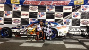 Woody Pitkat celebrates his second consecutive SK Modified win at Stafford Speedway on Friday (Photo: Stafford Speedway)