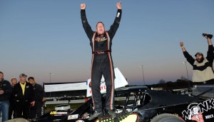 Rowan Pennink celebrates a Whelen Modified Tour victory Sunday at Thompson Speedway (Photo: Darren McCollester/Getty Images for NASCAR)