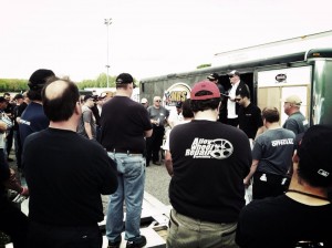 Scott Tapley oversees a Valenti Modified Racing Series drivers meeting at Thompson Speedway earlier this year
